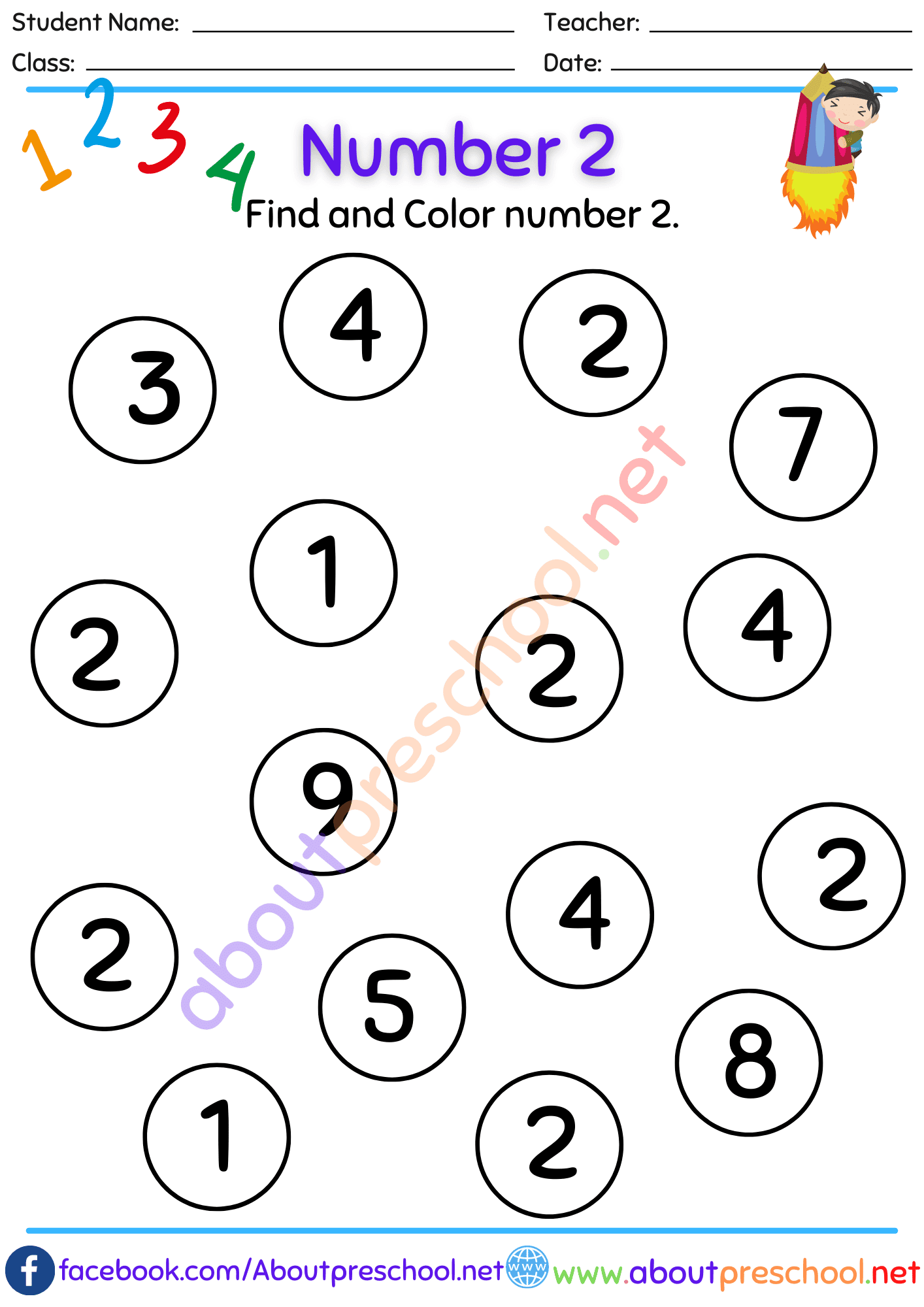 Color Number 2 Worksheet About Preschool