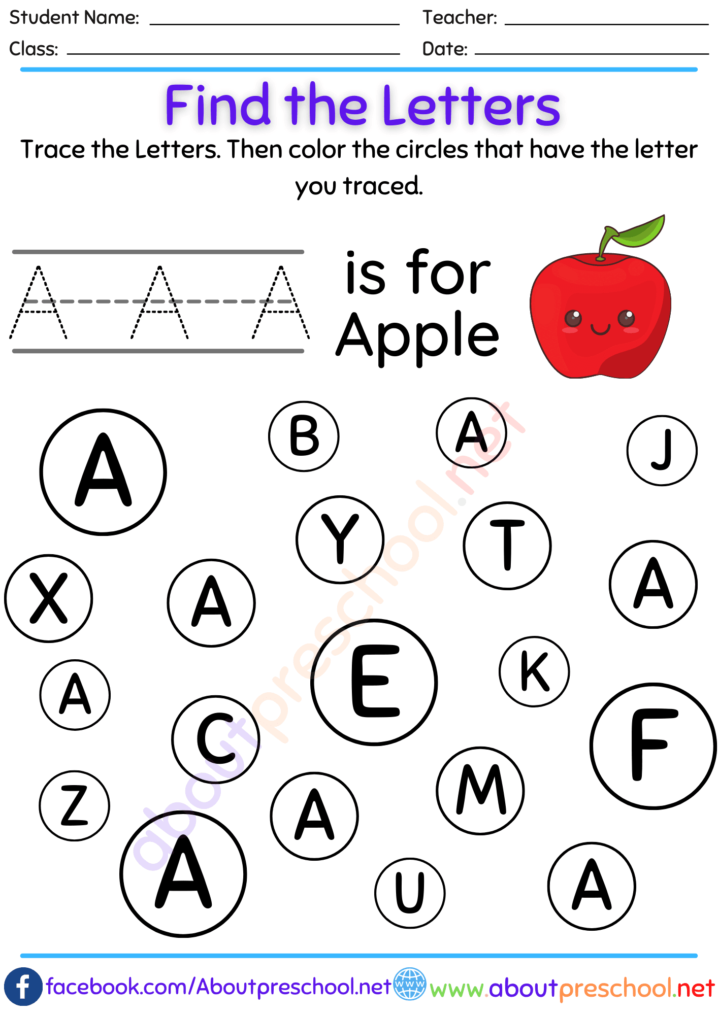 Find the Letters A - About Preschool