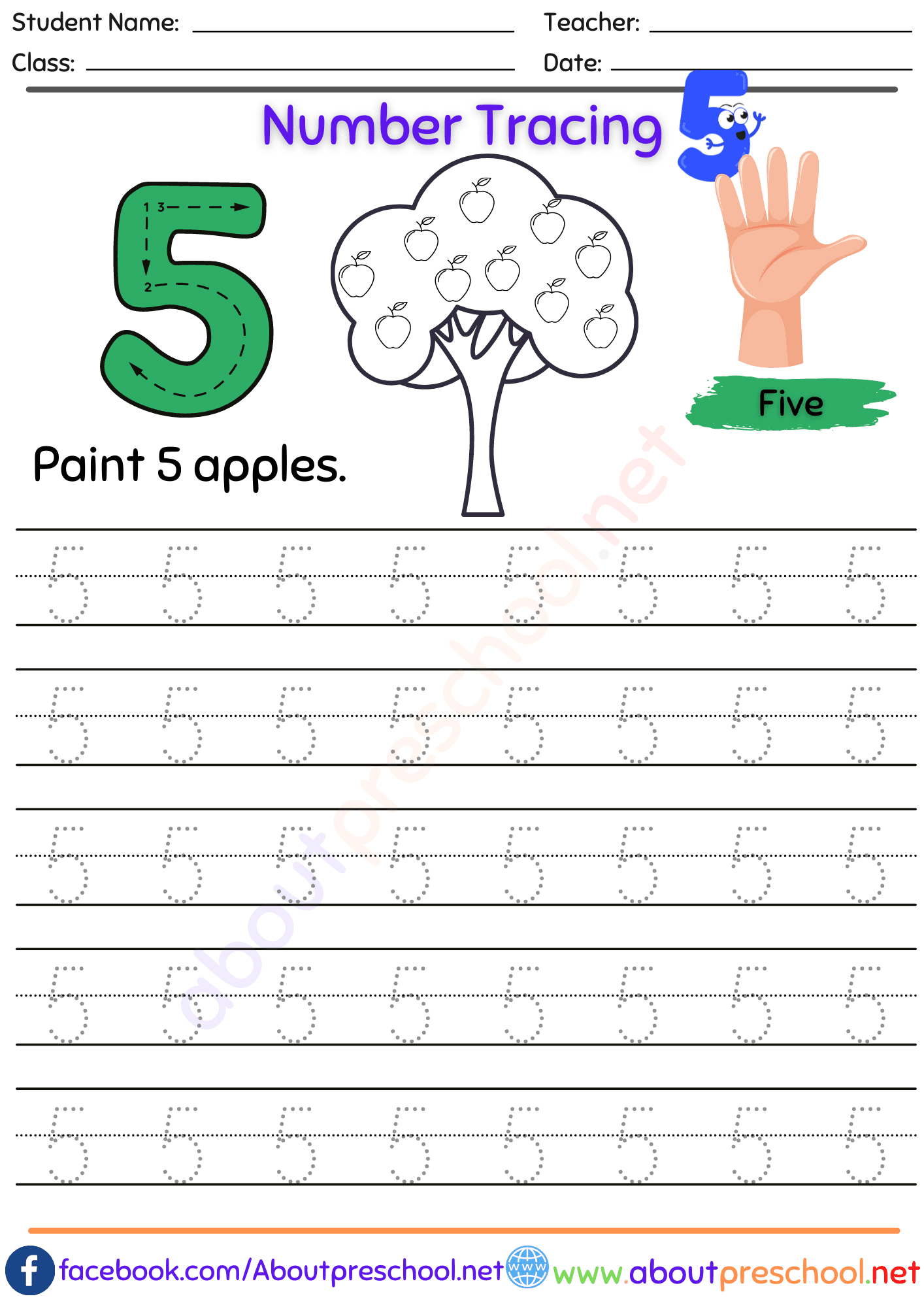 Number 5 Tracing - About Preschool