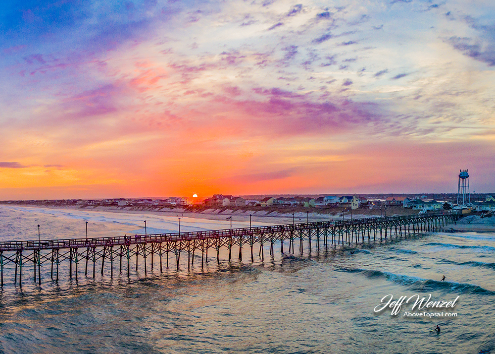 JW004 Surf City Pier Sunset with 3 Surfers Above Topsail