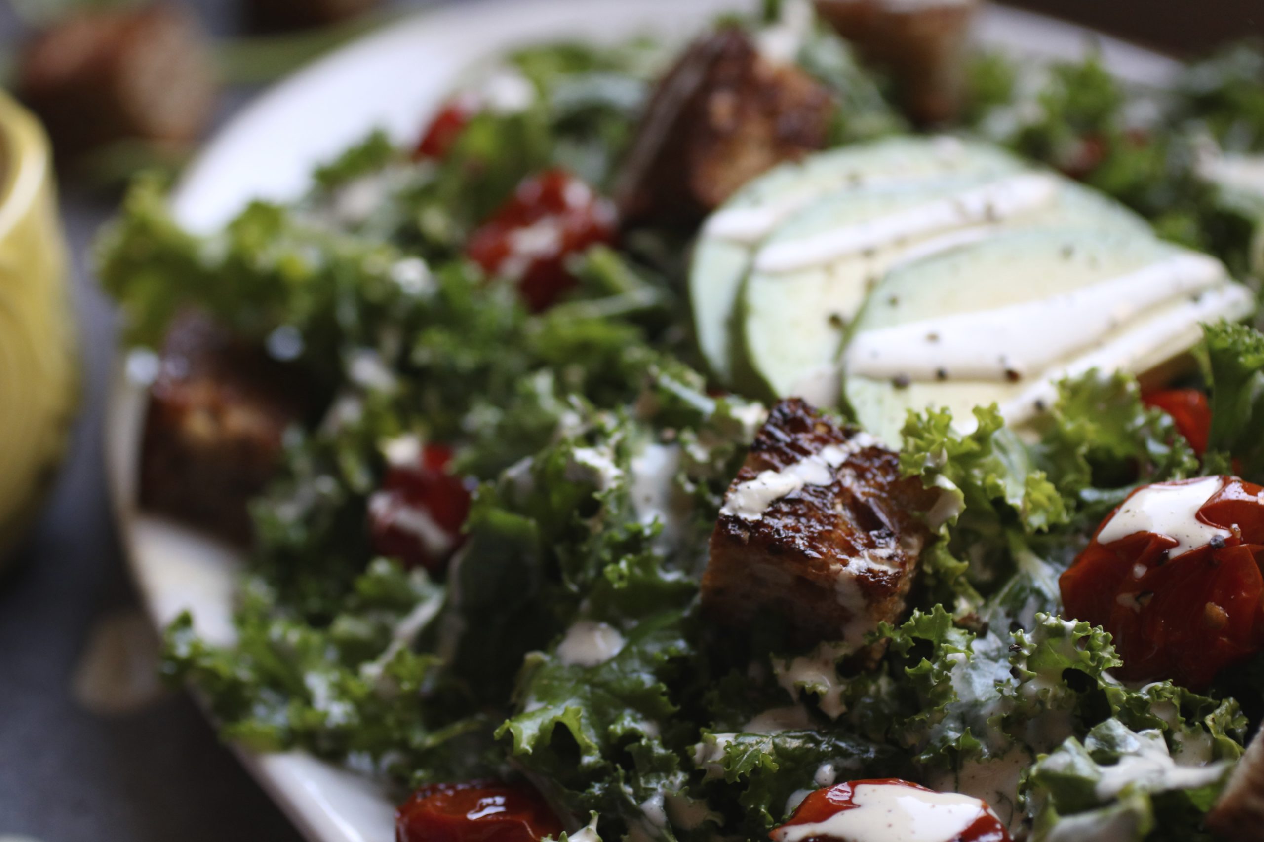 Vegan Kale Caesar Salad with Roasted Tomatoes and Avocado Abra's Kitchen