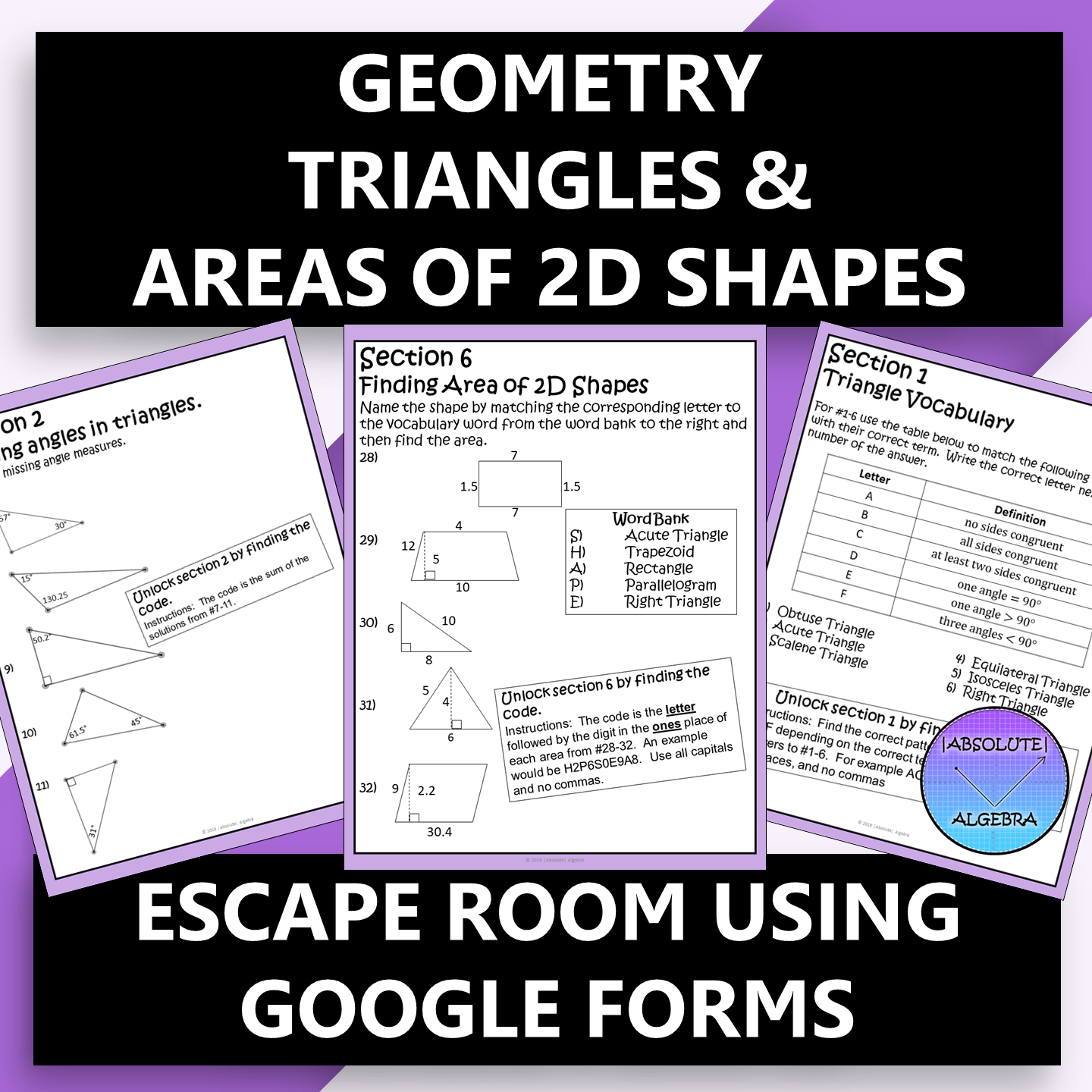 Geometry Triangles & Area of 2D Shapes Escape Room Absolute Algebra