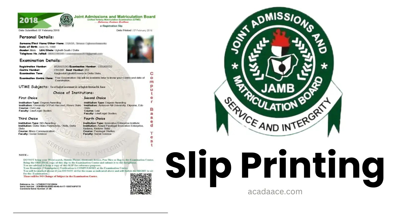 Printing of Your JAMB Exam Slip 2024 Acada Ace Tutors