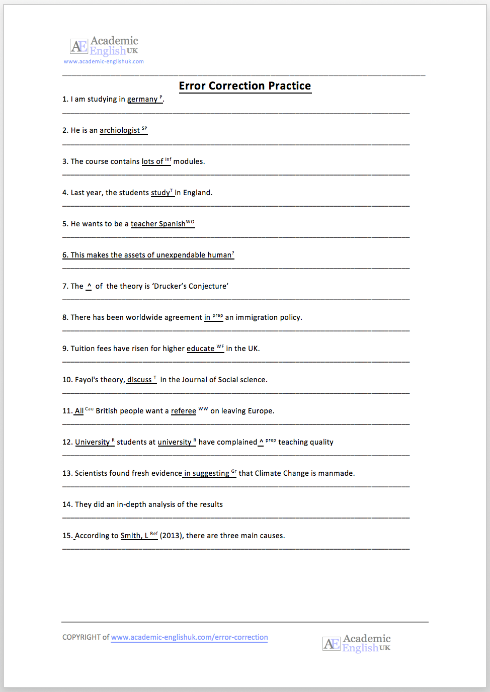 Error Correction Sheet Correction code for academic writing