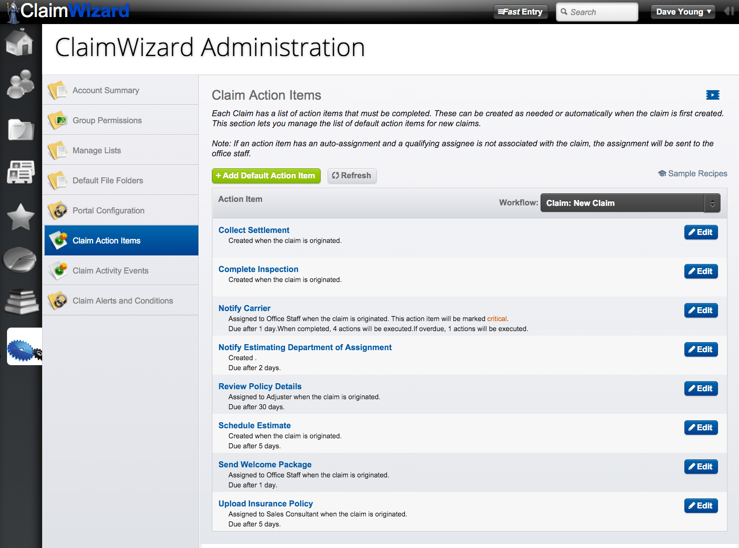 ClaimWizard Admin Tab Claim Action Items ClaimWizard Academy
