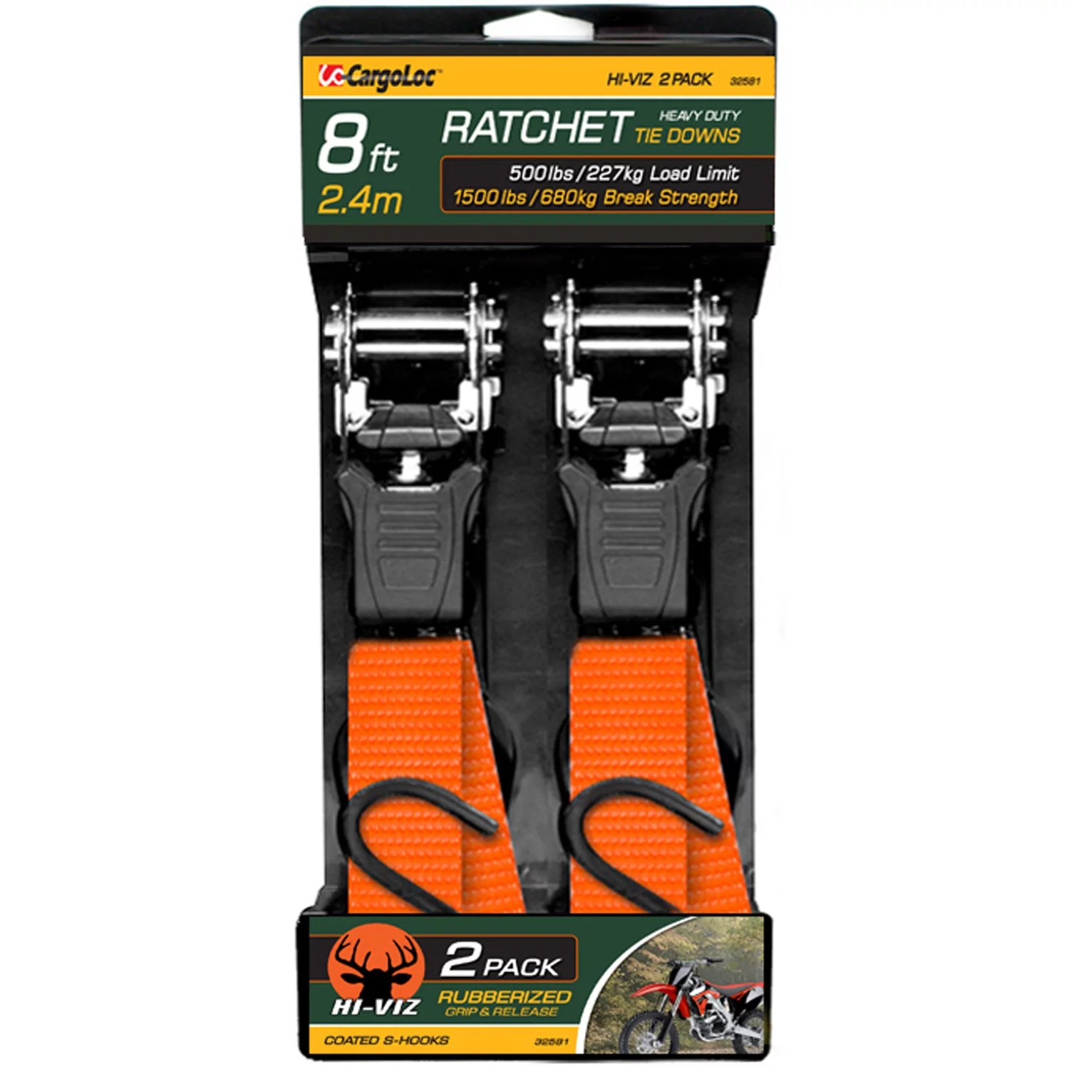 CargoLoc HiViz 8' Heavy Duty Ratchet Tie Downs 2Pack Academy