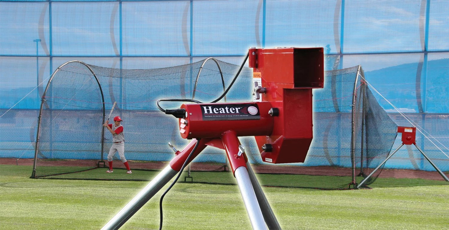 Heater Sports Real Ball Pitching Machine and 24 ft Xtender Batting Cage