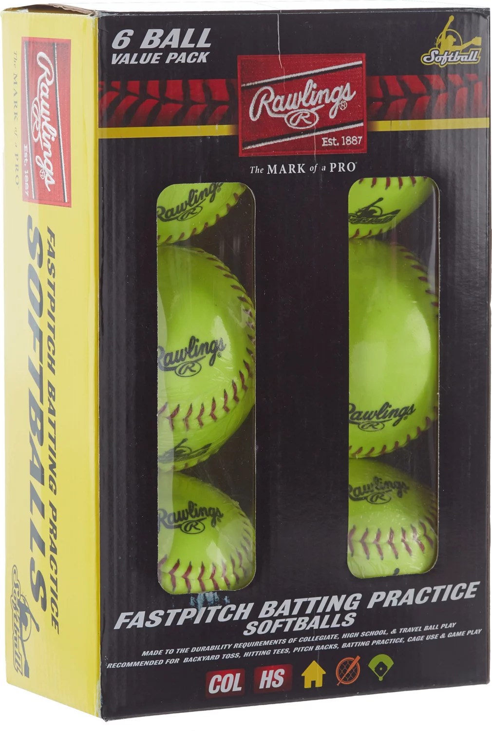 Rawlings 12 in Travel Practice FastPitch Softballs 6Pack Academy