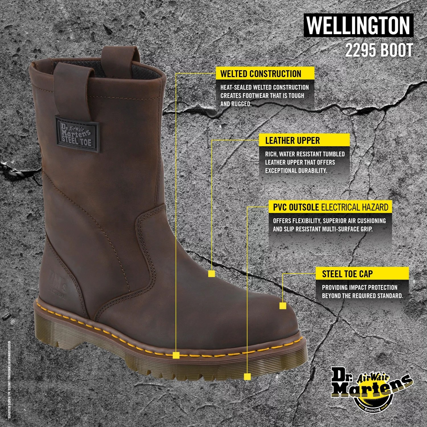Dr. Martens Men's Industrial Steel Toe Wellington Work Boots Academy