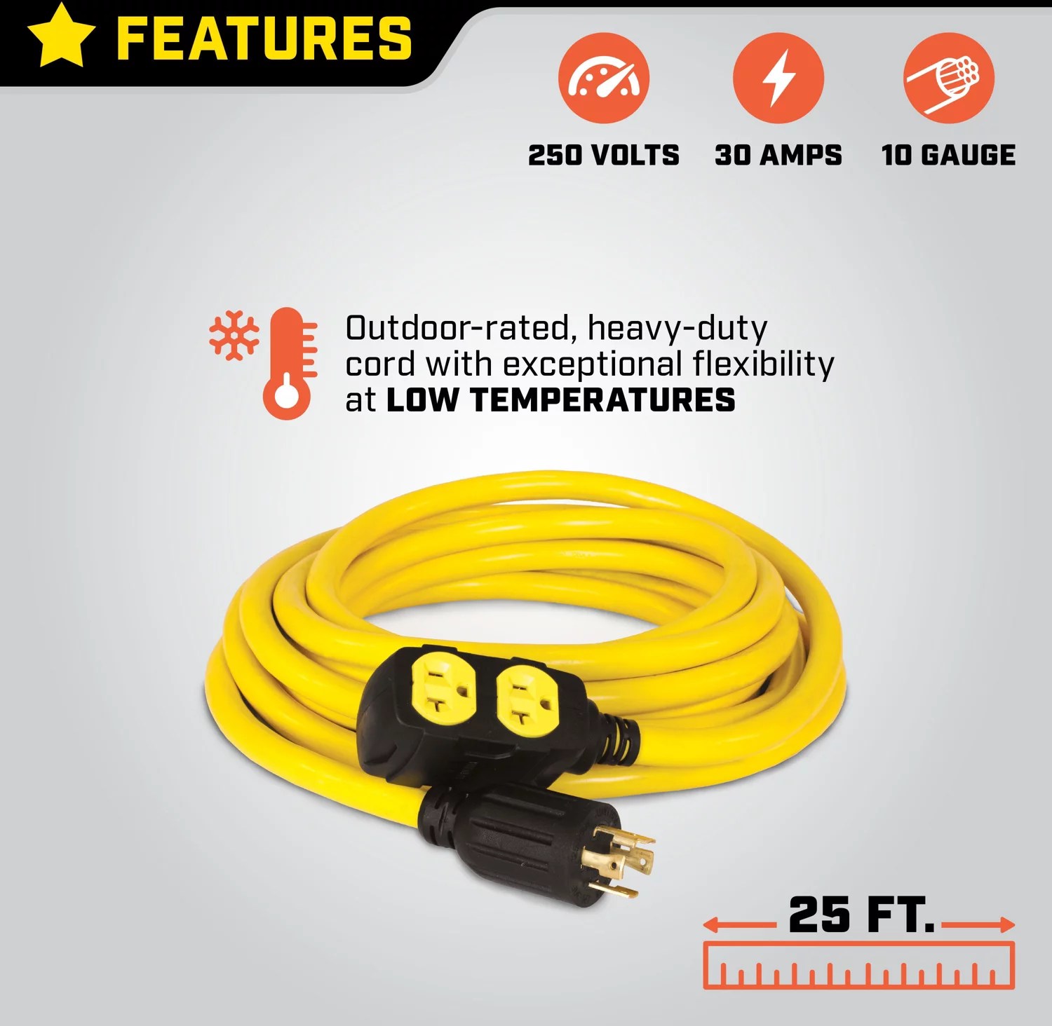 Champion 25ft 30Amp 125/250V Duplex Generator Extension Cord Academy