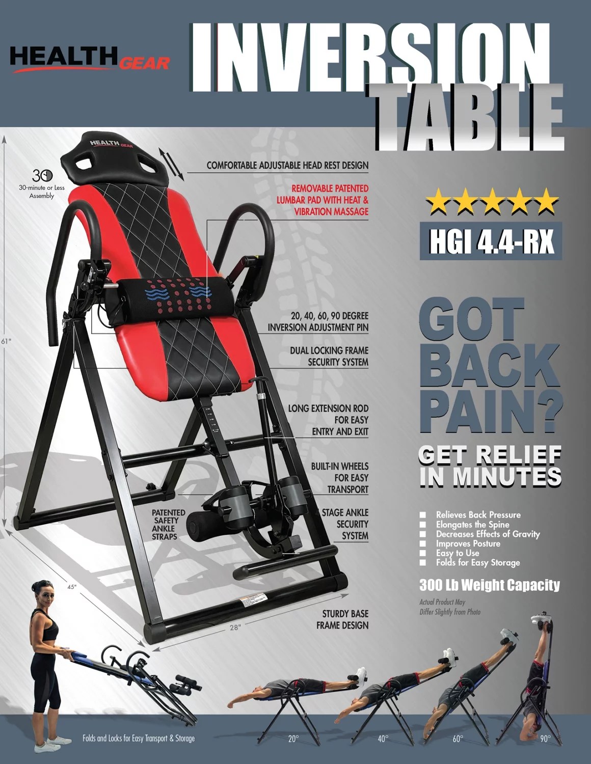 Health Gear Heat Massage Inversion Table Academy
