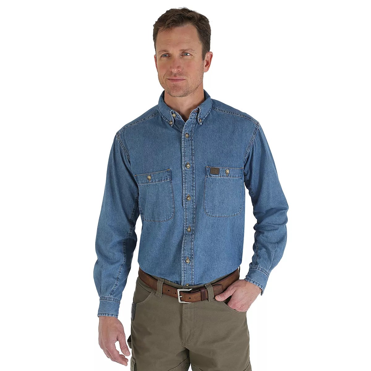 Wrangler Men's Riggs Workwear Denim Button Down Work Shirt Academy