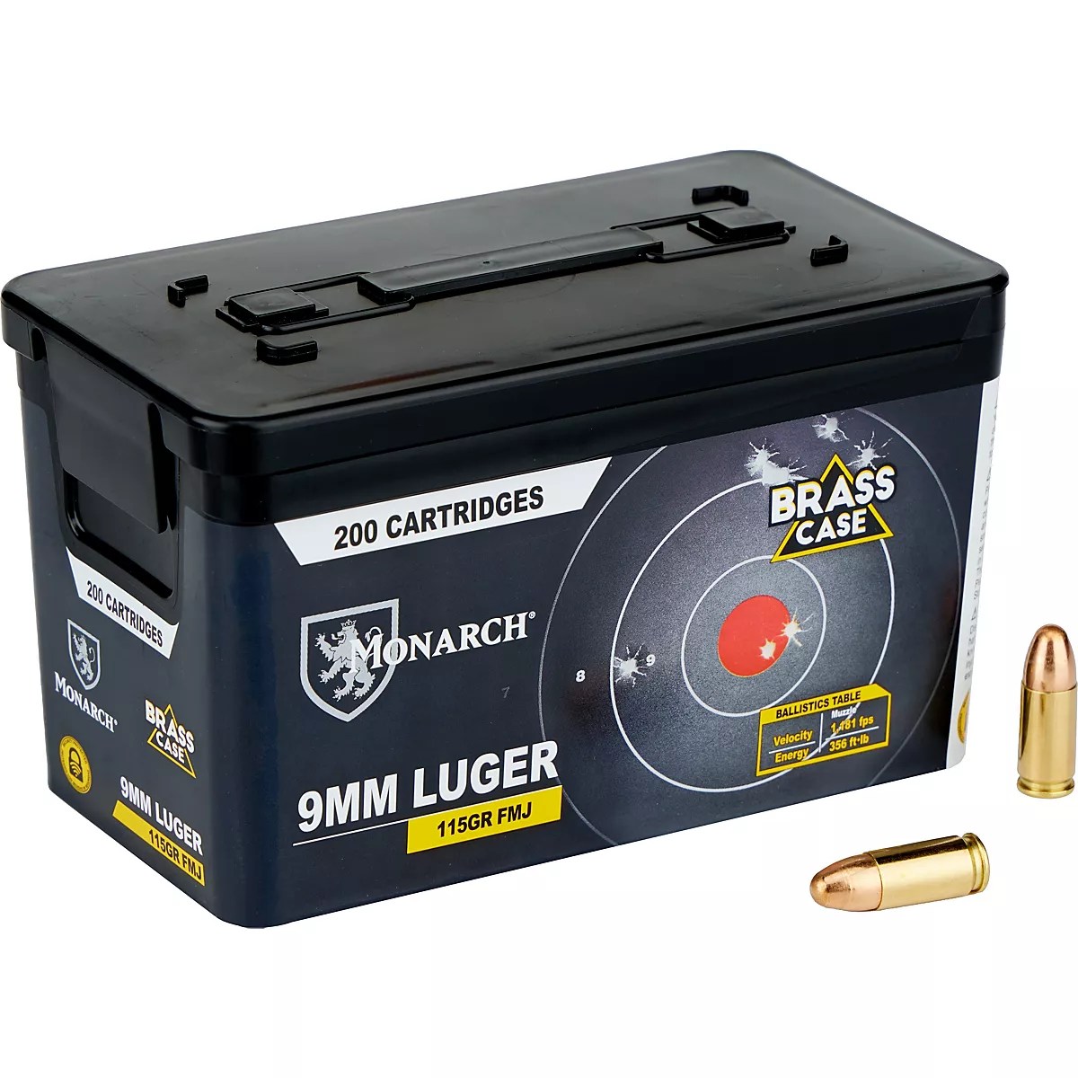 Monarch Brass Case 9mm Luger 115Grain Flip Top Ammunition Can 200
