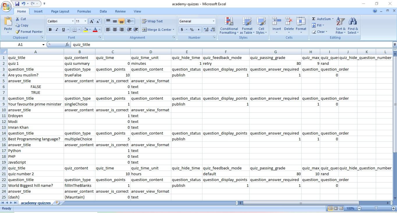 Quiz Export/Import Academy LMS