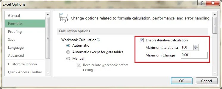 Excel iterative calculation and circular reference