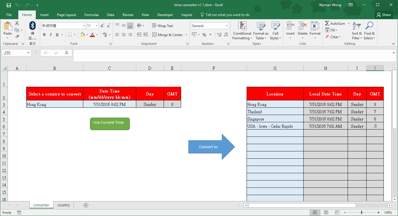 Excel world time converter template