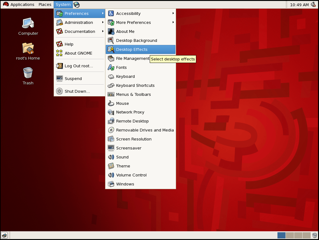 How do I enable/disable desktop effects on Red Hat Enterprise Linux