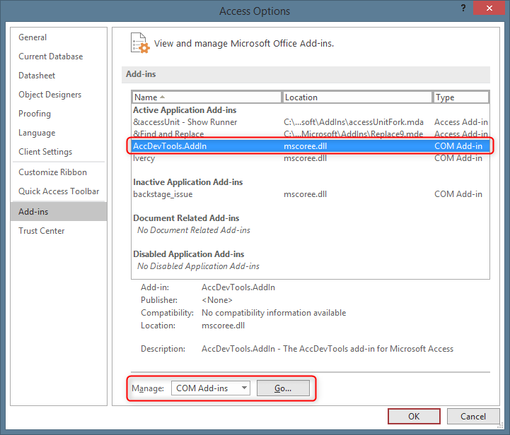 Microsoft Office Solutions for COMAddIn not loading Access Dev Tools