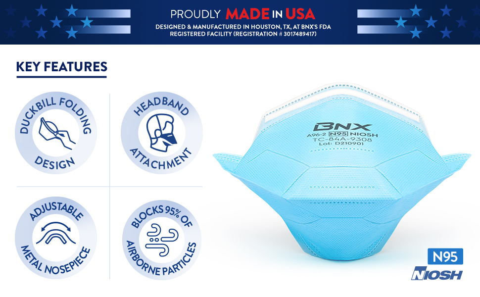 BNX 50Pack N95 Mask Respirator (NIOSH) A962 Duckbill Style MADE IN