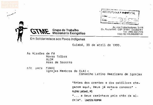 Carta Do Grupo De Trabalho Missionario Evangelico Comentando Esboco De Portaria Da Funai Que Regulamenta A Presenca Das Missoes Em Areas Indigenas Acervo Isa