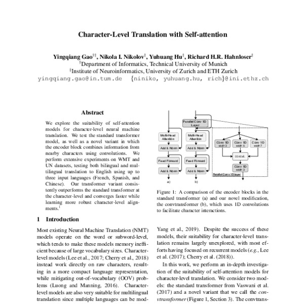 CharacterLevel Translation with Selfattention ACL