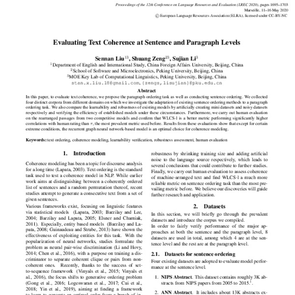 Evaluating Text Coherence at Sentence and Paragraph Levels ACL Anthology