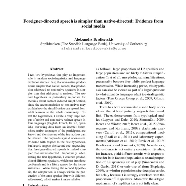 Foreignerdirected speech is simpler than nativedirected