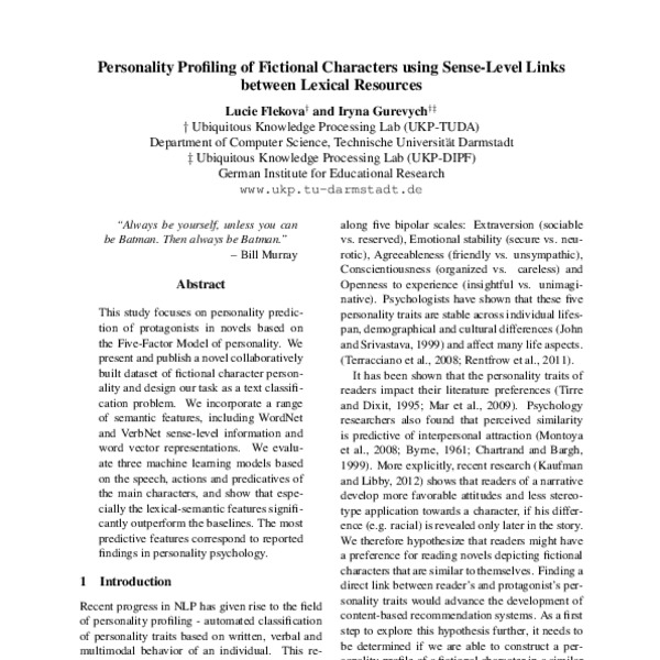 Personality Profiling of Fictional Characters using SenseLevel Links