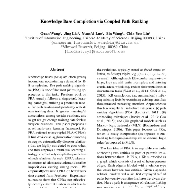 Knowledge Base Completion via Coupled Path Ranking ACL Anthology