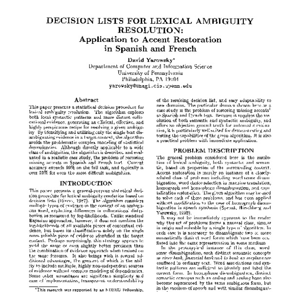 DECISION LISTS FOR LEXICAL AMBIGUITY RESOLUTION Application to Accent