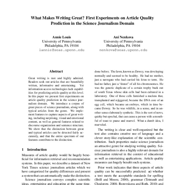 What Makes Writing Great? First Experiments on Article Quality