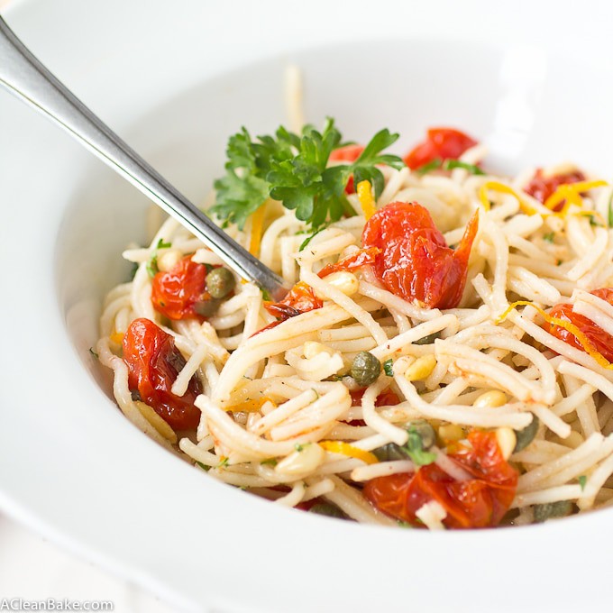 Quinoa Spaghetti with Roasted Tomatoes, Capers and Pine Nuts (GF)