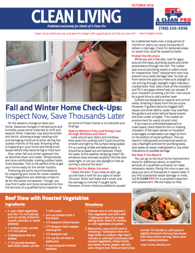 Newsletter October 2016 Carpet Cleaning Victorville