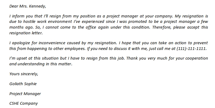 Resignation Letter Due to Hostile Work Environment and Its Sample