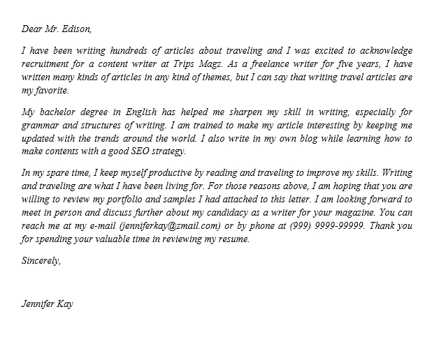 Freelance Writer cover letter example DayJob.com