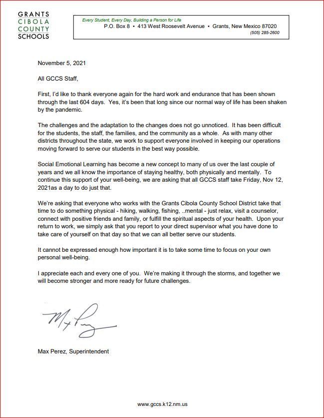 Grants Cibola County Schools are closed today 11/12/2021