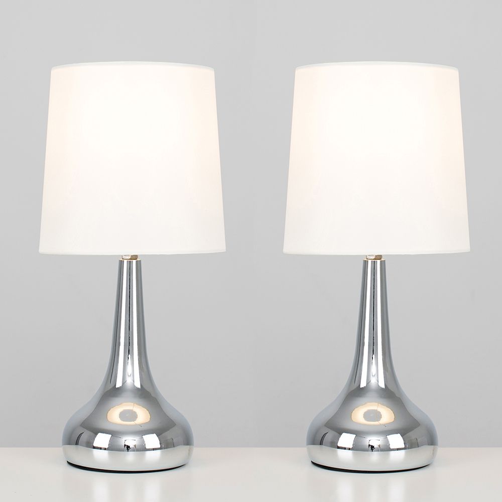 Acrelane Timber. PAIR TEAR DROP TOUCH TABLE LAMPS CHROME/CREAM SUN