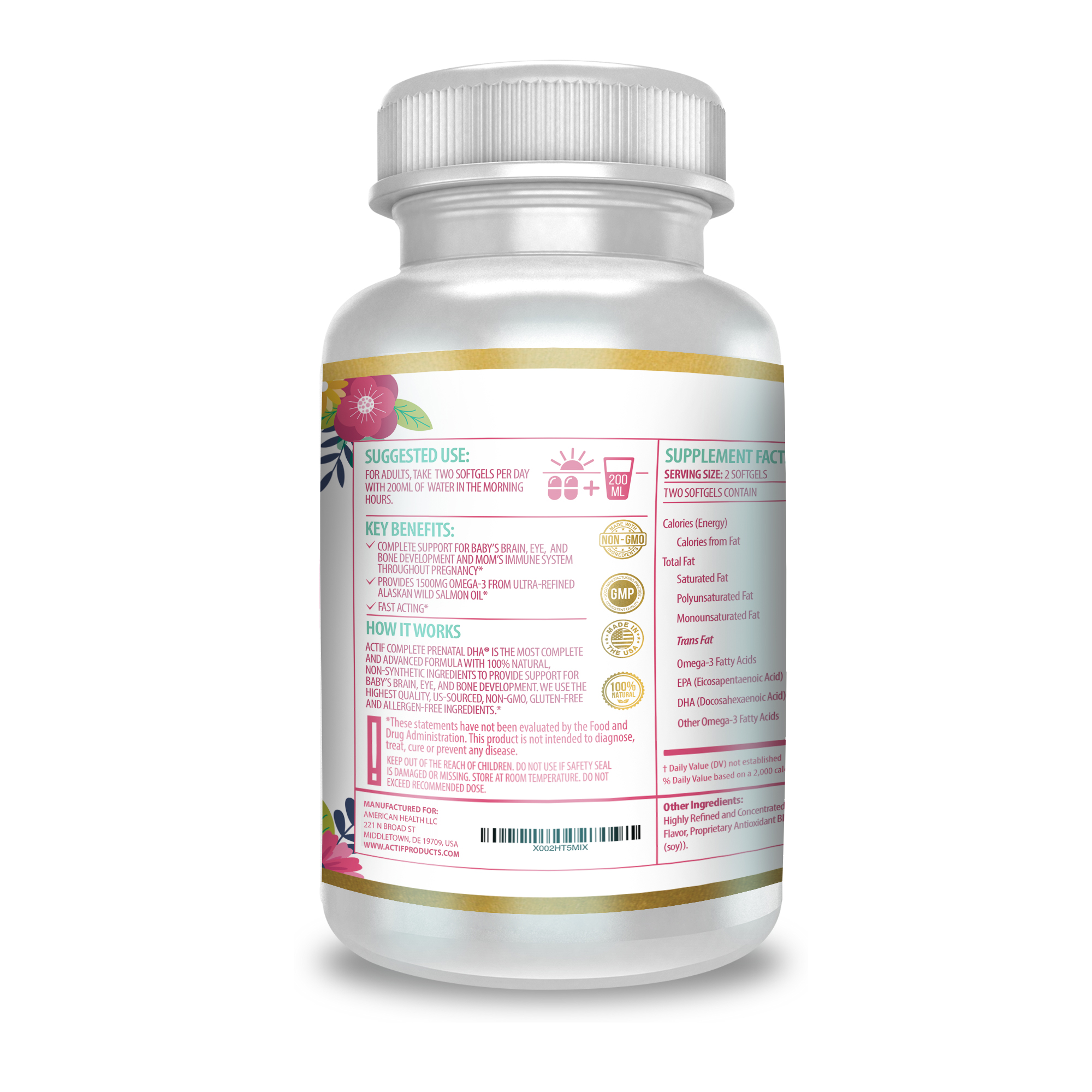 Actif Complete Prenatal DHA with 1500mg Omega3, 100 Natural, Organic