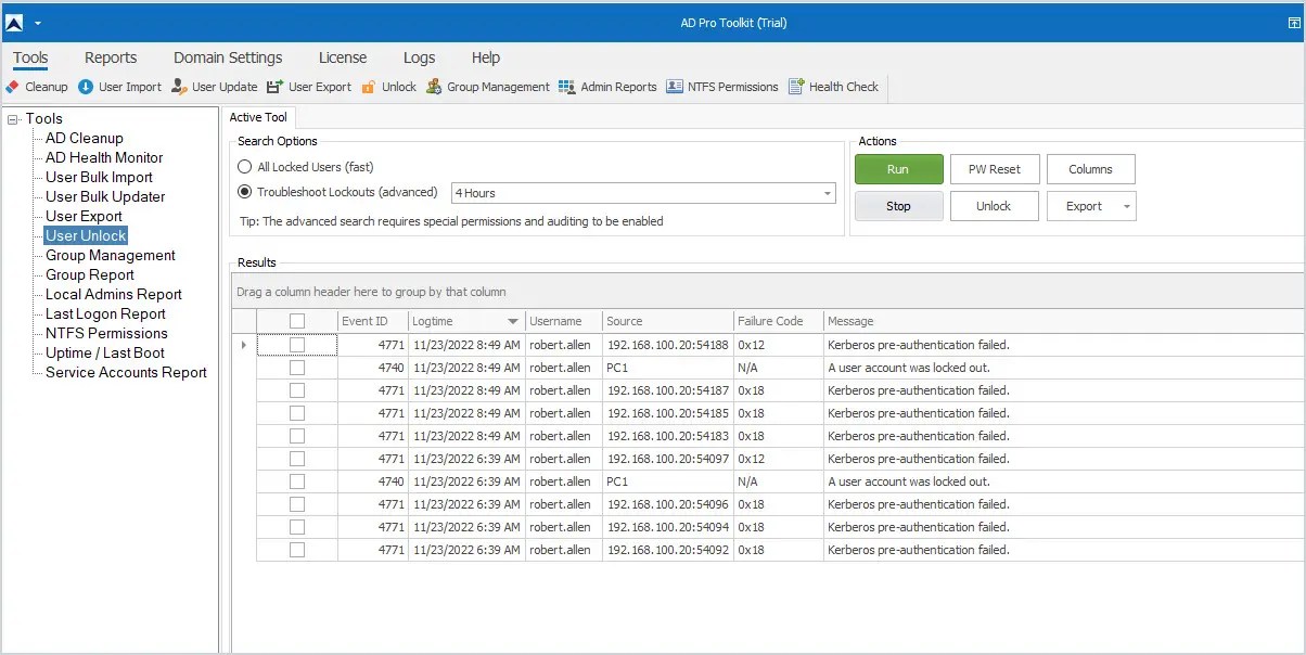 Account Lockout Tool Lockout Status and Management Tools Active