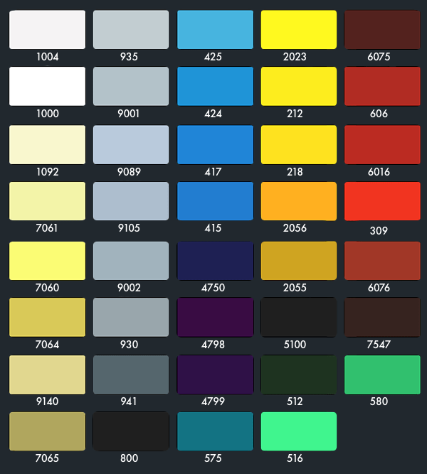 Colour Chart Active Fibre Glass