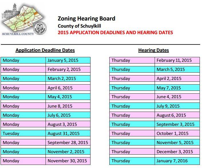 Schuylkill County Zoning Hearing Board 2015 Dates