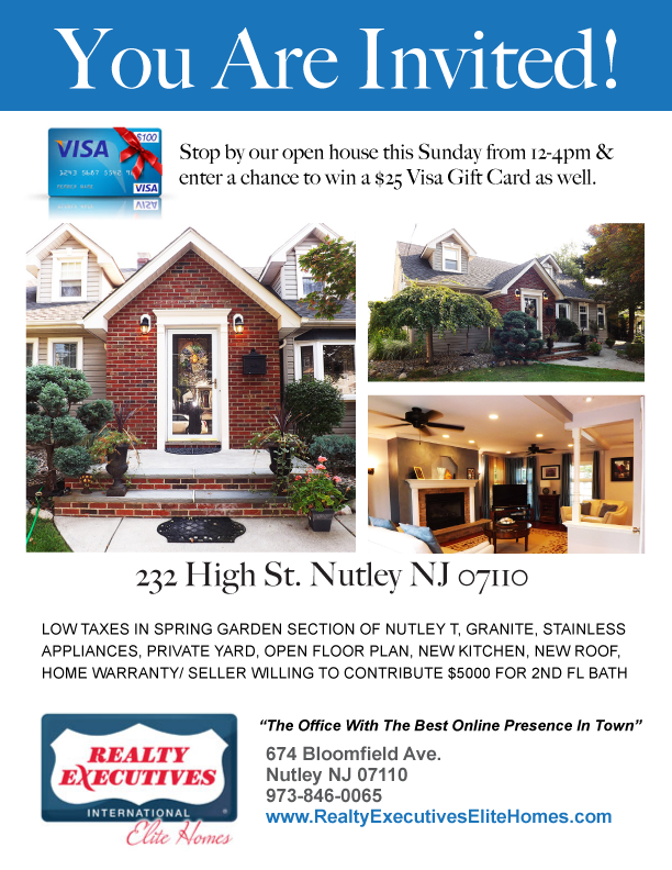 Open House in Nutley NJ from 124pm (232 High St)