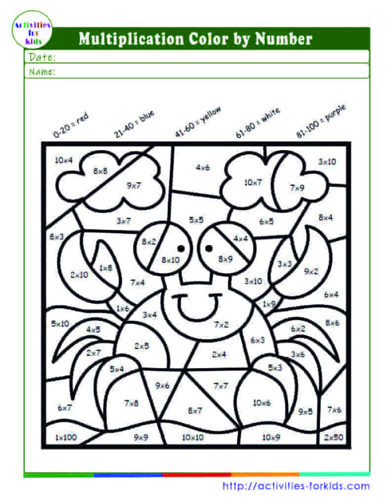 Free printable color by number multiplication worksheets