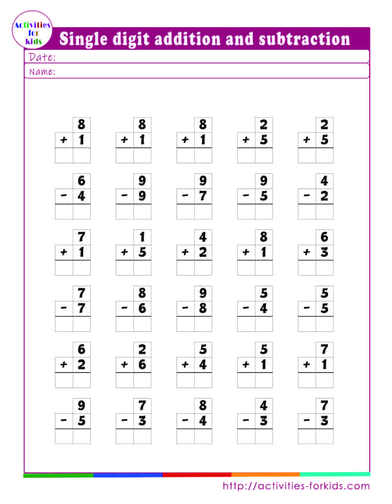Single digit addition and subtraction worksheets with pictures