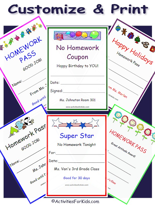 Homework Pass Activities For Kids