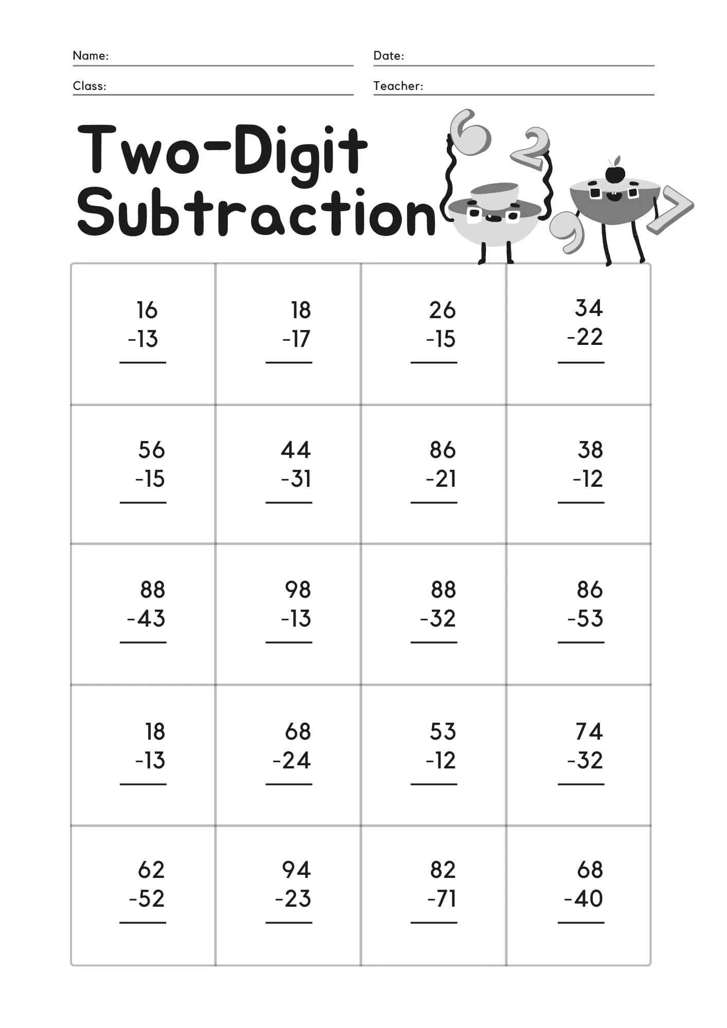 Free Double Digit Subtraction without Borrowing - Activity School for Kids