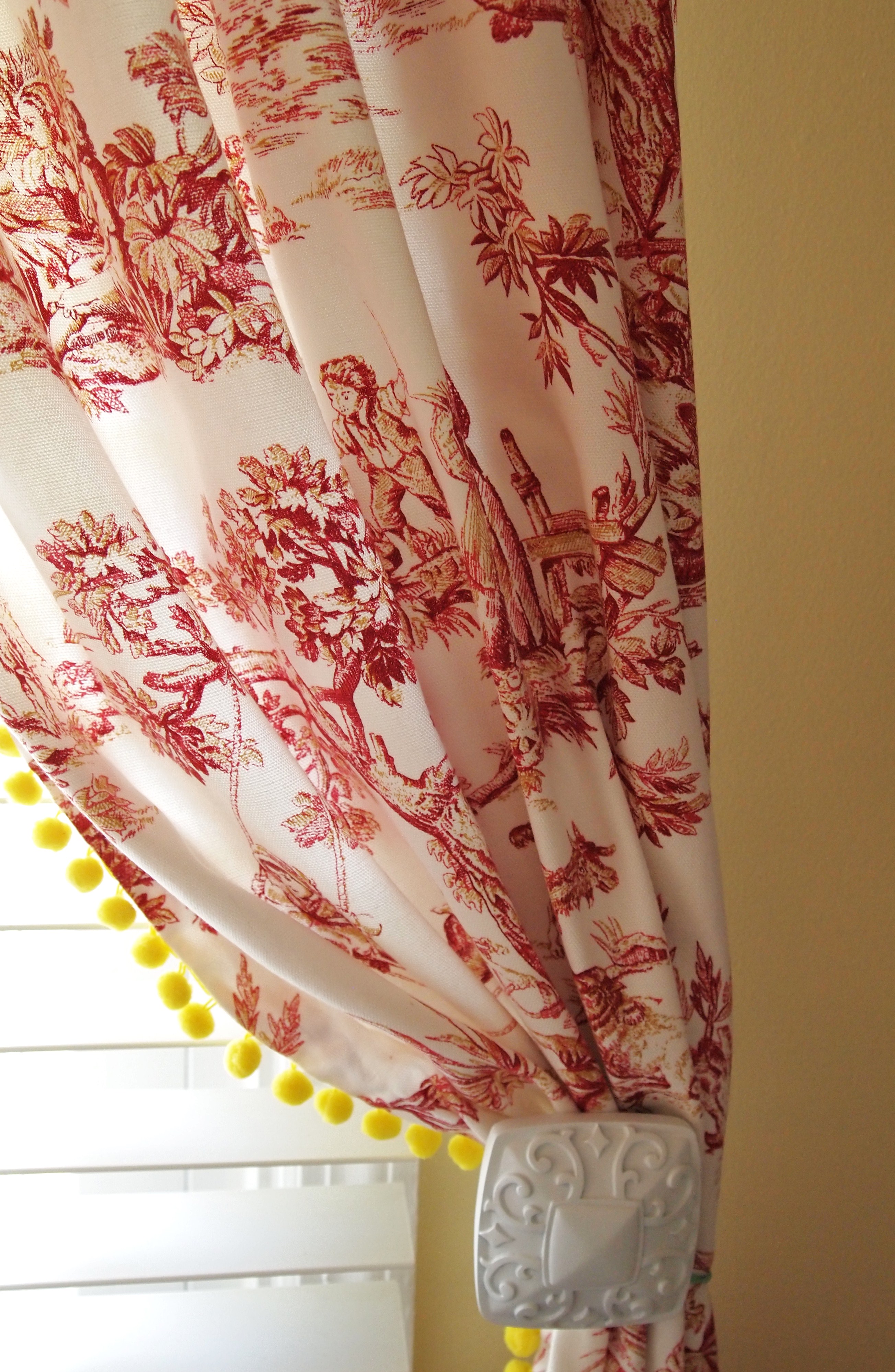 Red Toile Curtains with Yellow Pom Pom Fringe! A Cultivated Nest