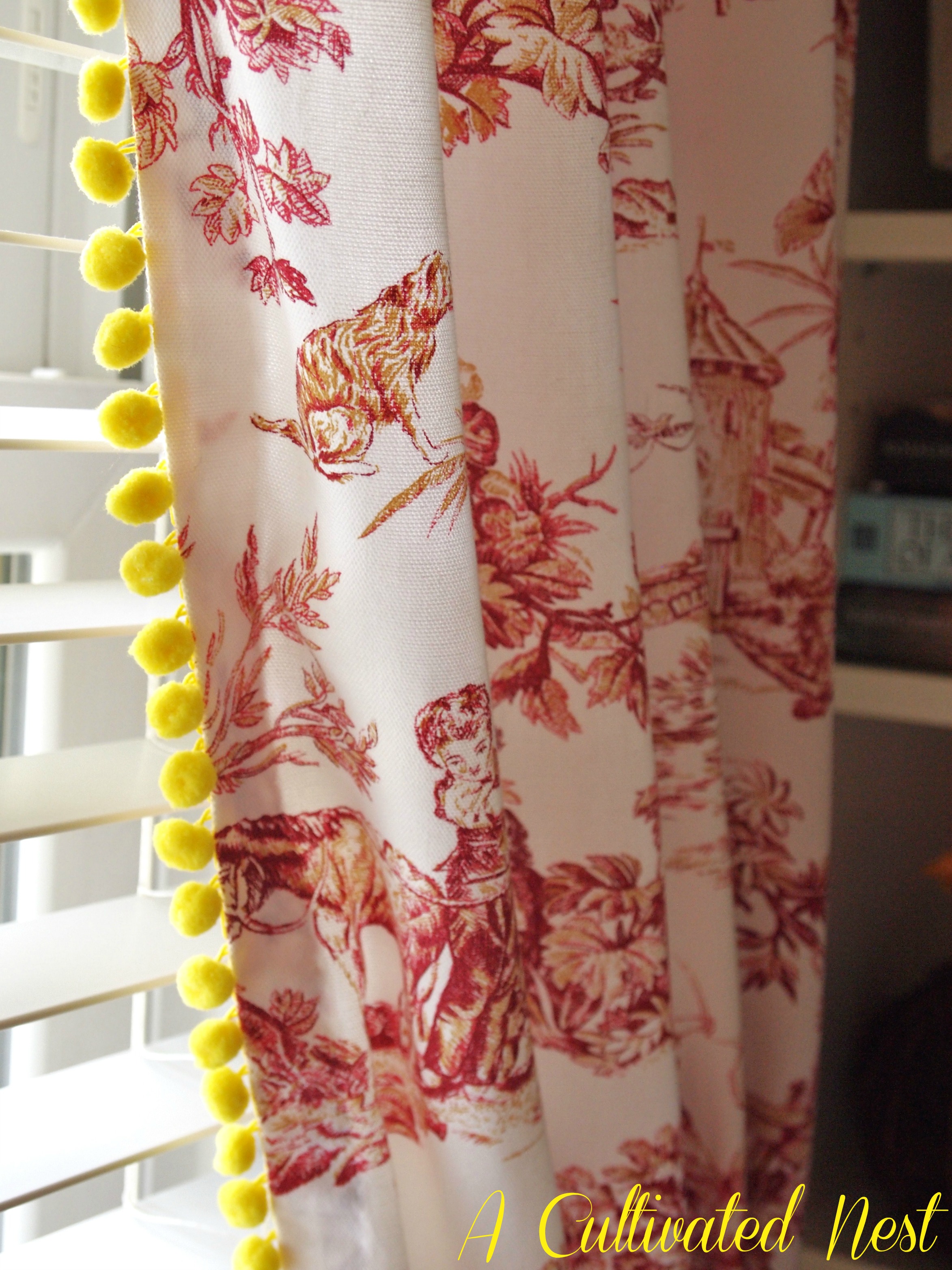 Red Toile Curtains with Yellow Pom Pom Fringe! A Cultivated Nest