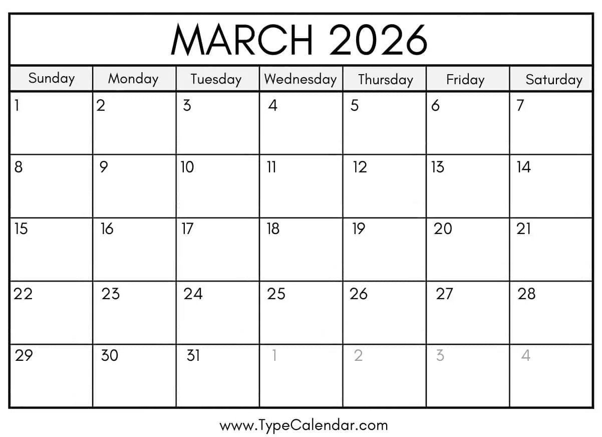 Printable Blank March 2026 Calendar Free Printable Templates