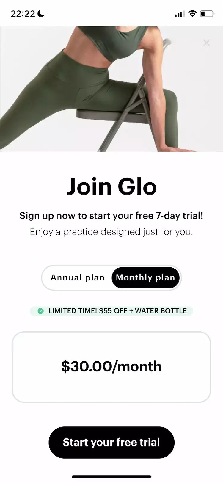 A mobile paywall by Glo Yoga and Meditation App from Adapty's collection